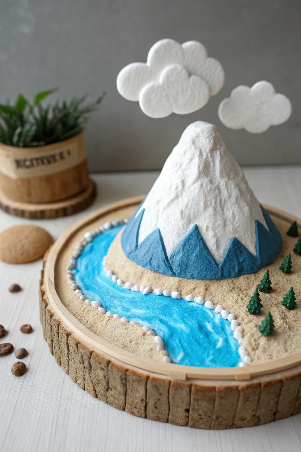 Minimal clay mountain river diorama with puffy clouds, a calm lake, and water cycle vibes