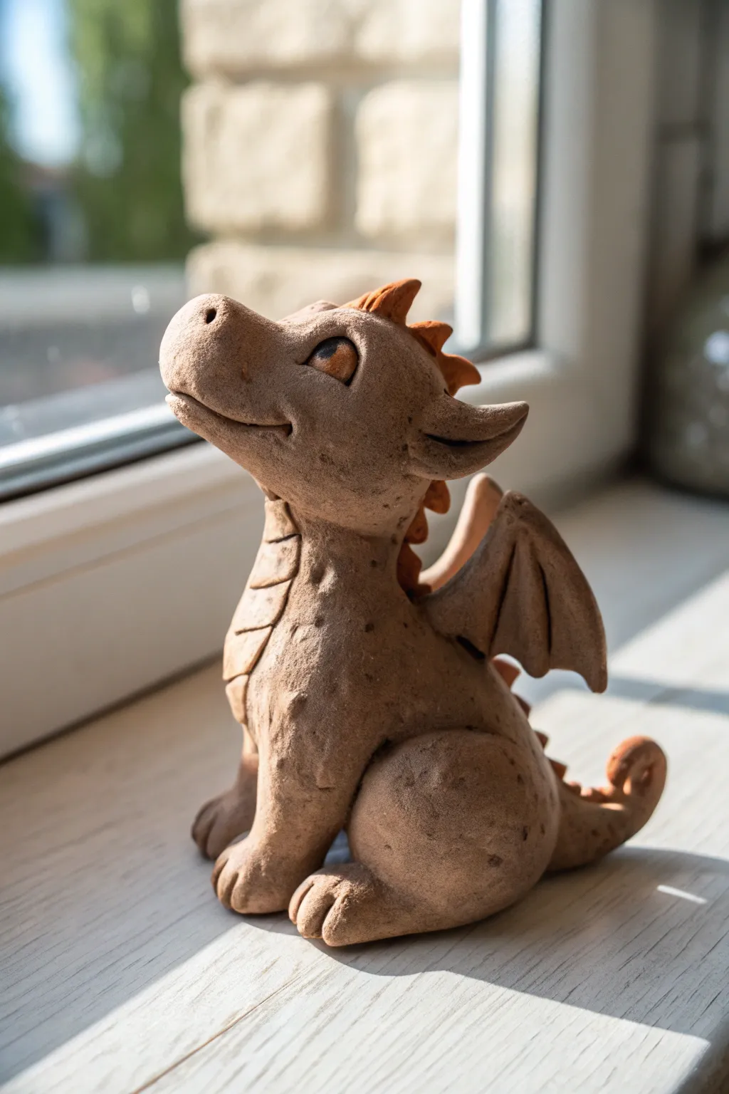 Cute seated puppy-style clay dragon with tiny horns and chunky tail, minimalist boho vibe.
