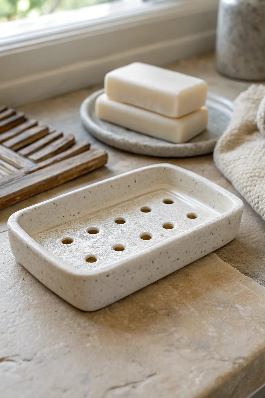 Minimal slab-built soap dish with clean drainage holes, a serene handmade touch for any sink.