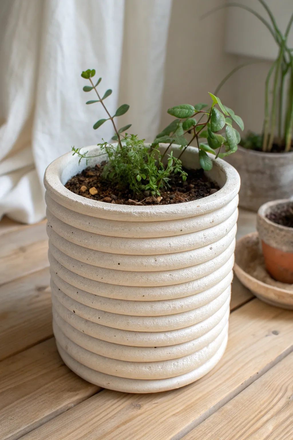 Matte coil-built planter with crisp extruded texture and a small trailing plant for scale.