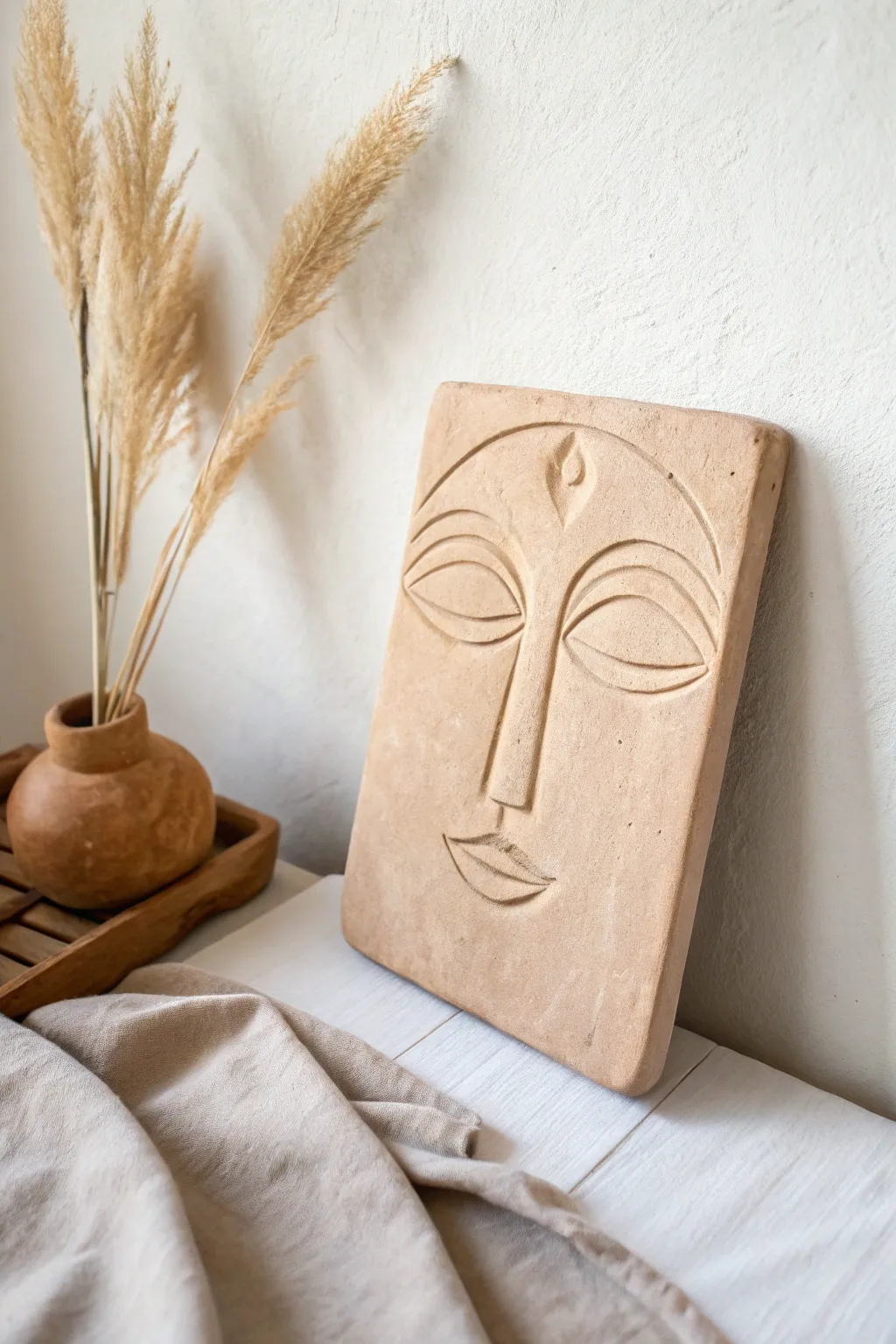 Minimal slab relief face plaque in terracotta, styled as calm Scandinavian wall decor
