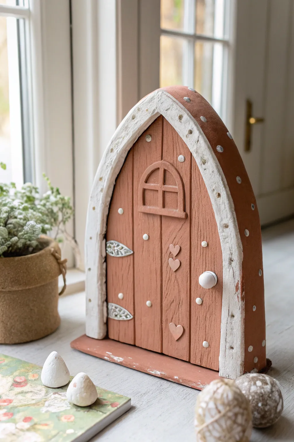 Curved, wonky clay fairy door with sweet handmade nicks, minimal boho style for tiny homes.