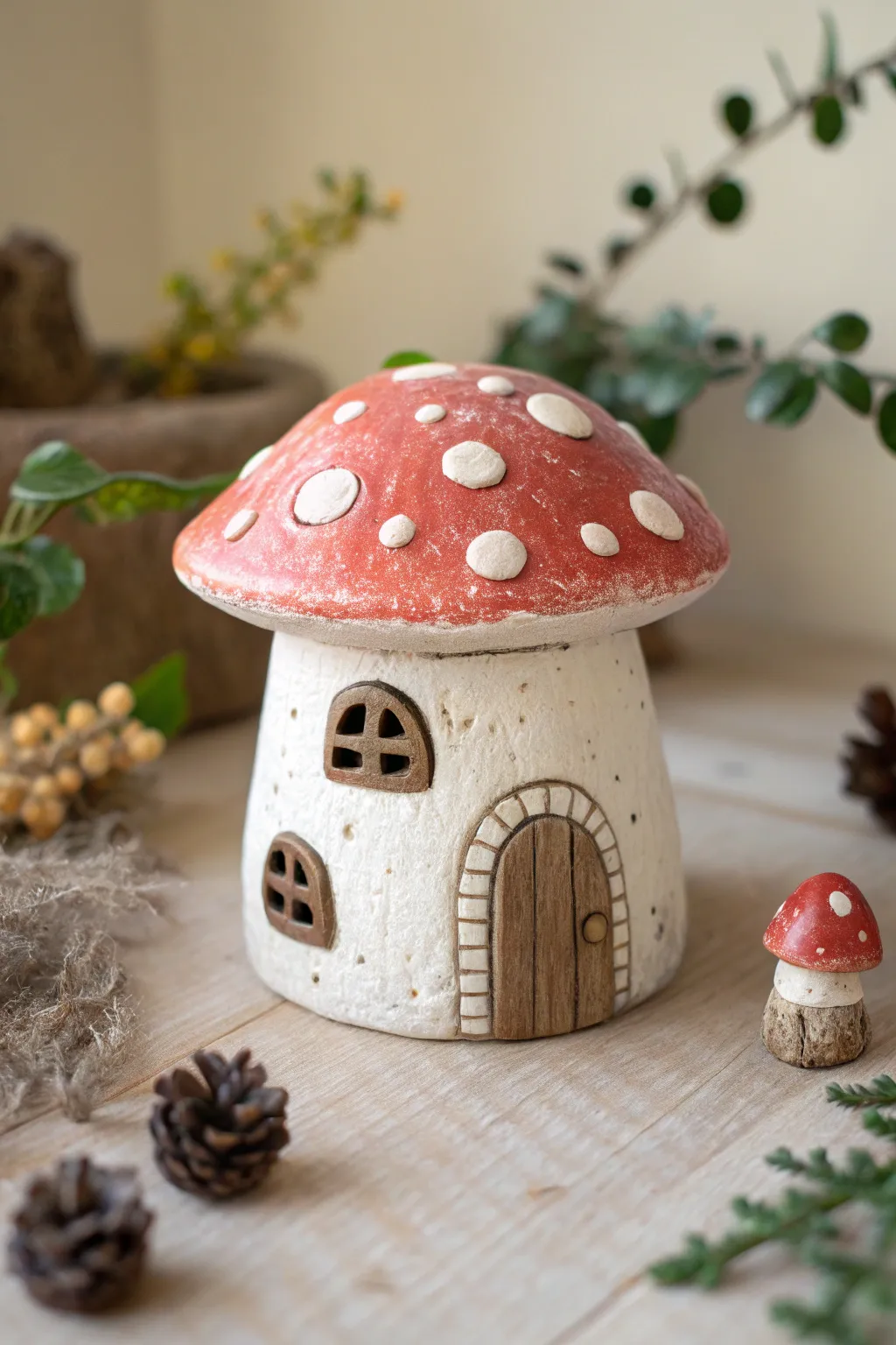 Sweet mushroom-cap clay fairy house with tiny door and windows, minimalist boho charm.