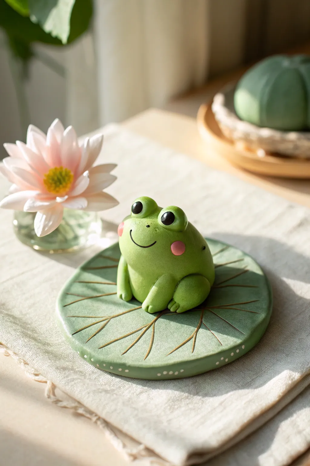 Tiny green frog on a lily pad base, cute kawaii details in a calm minimalist style