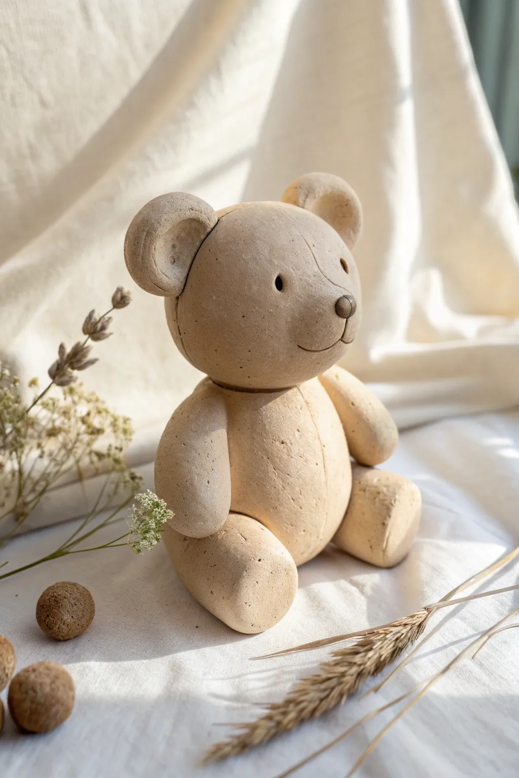 Easy mini clay teddy bear with a big head in warm neutral tones, simple and cozy