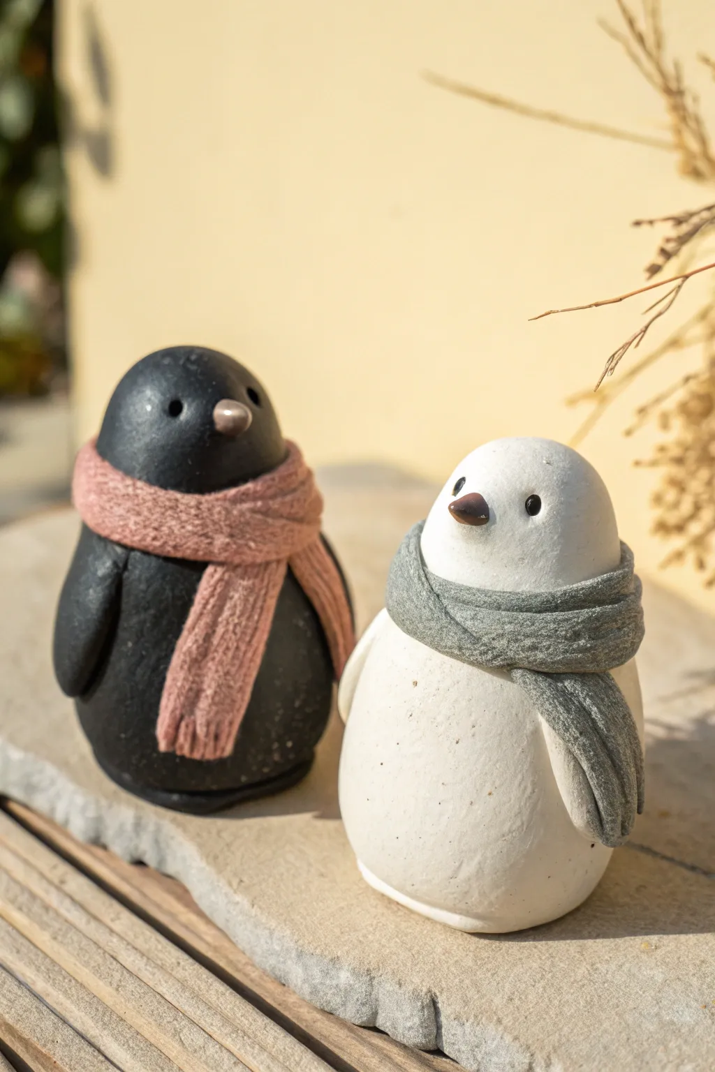 Chunky mini penguins with tiny scarves in soft neutrals, perfect for cozy minimalist decor.