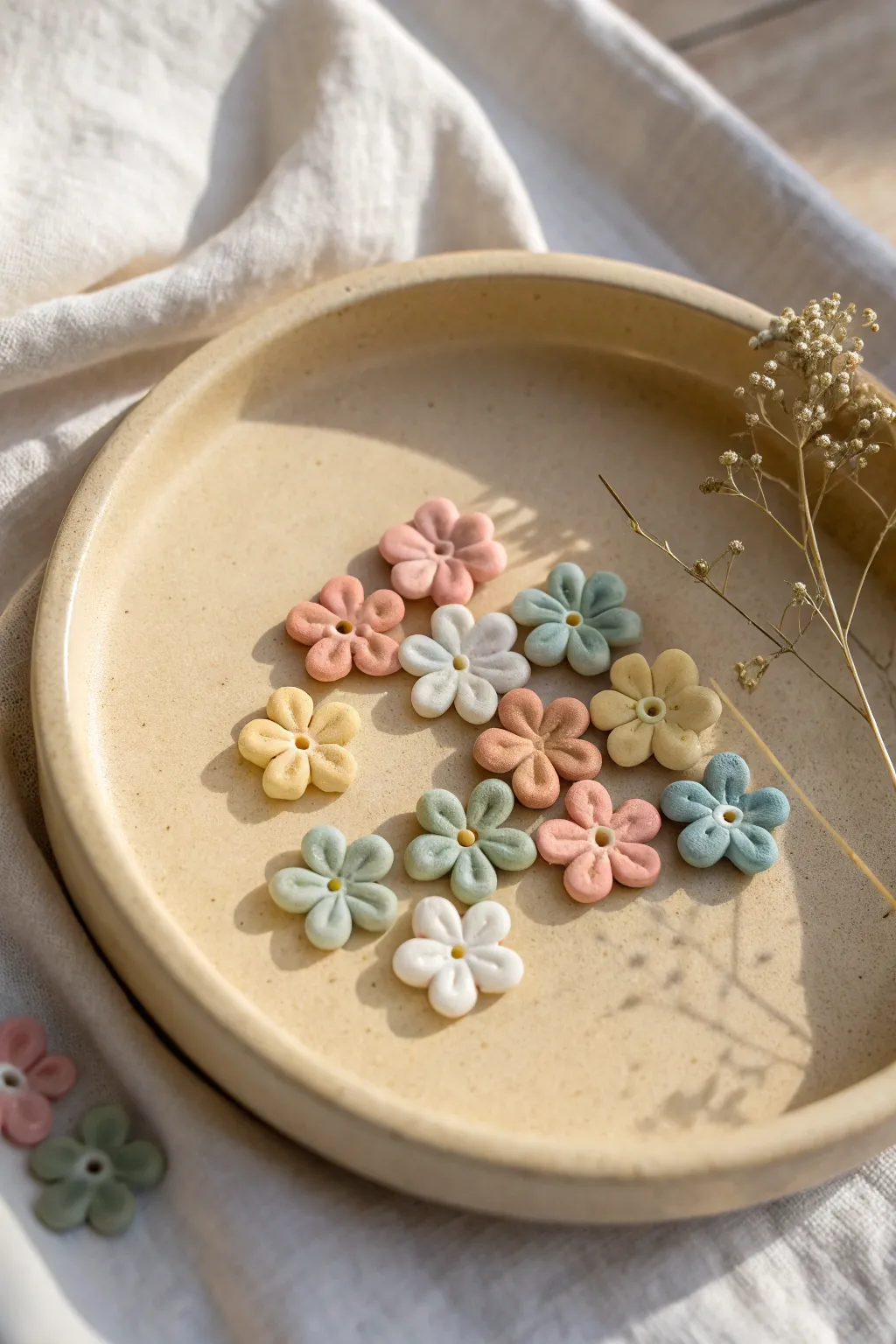 Mini five-petal clay blossoms in dreamy pastels, a simple beginner-friendly flower sample set.