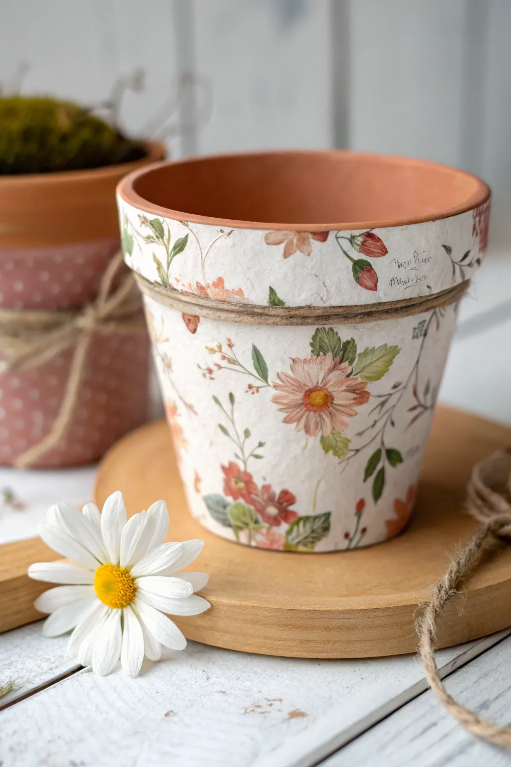 Soft vintage florals on a terra cotta pot for an easy boho-minimalist spring refresh.