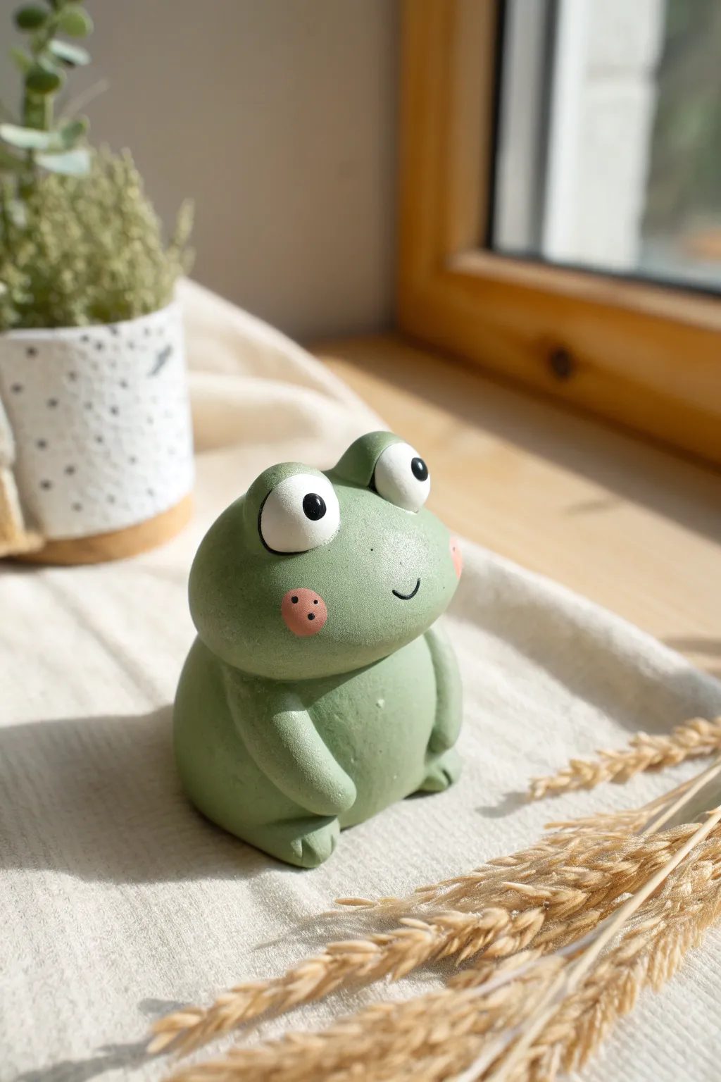 Bug-eyed kawaii frog mini, palm-sized and blushy, a sweet beginner clay project for your shelf