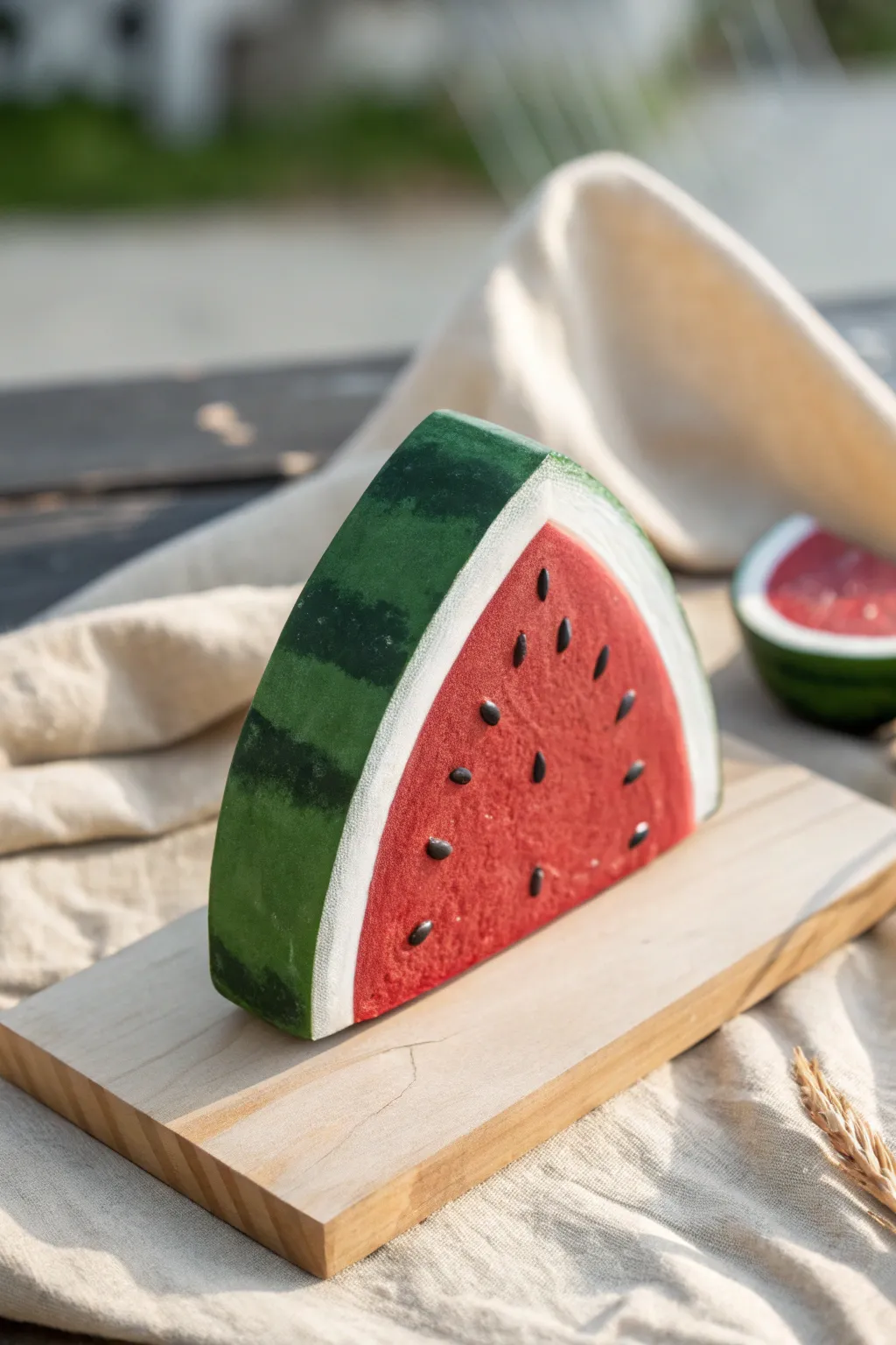 Picnic-ready clay watermelon wedge with layered rind and tiny seeds, in soft Scandinavian styling.