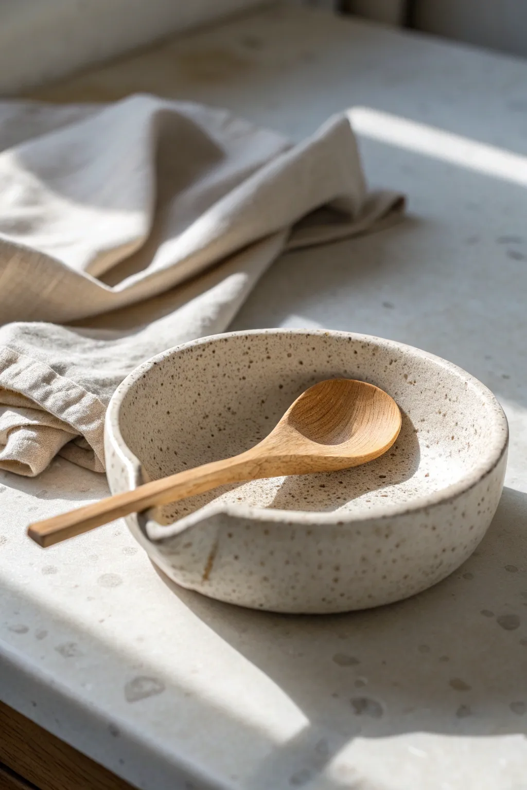 Sculptural clay spoon rest with a carved notch, balancing minimalist calm and boho warmth.
