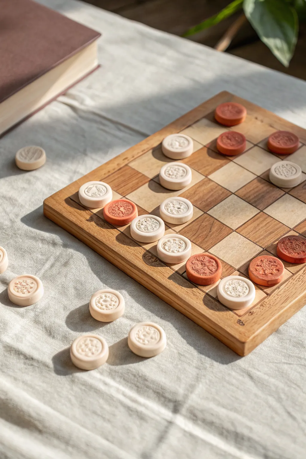 Minimal clay checkers with cute stamped tokens, styled in soft Scandinavian boho tones.