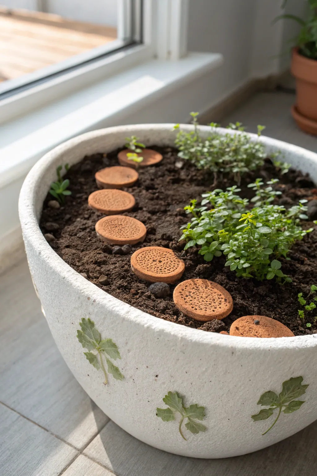 Handmade clay stepping stones create a charming mini path across a lush planter garden.
