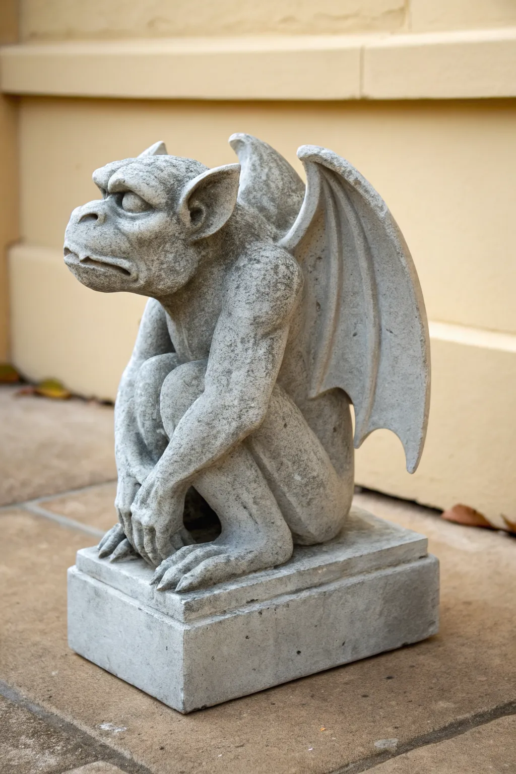 Stone-gray clay gargoyle in a classic crouch, perched on a simple block base with crisp shadows