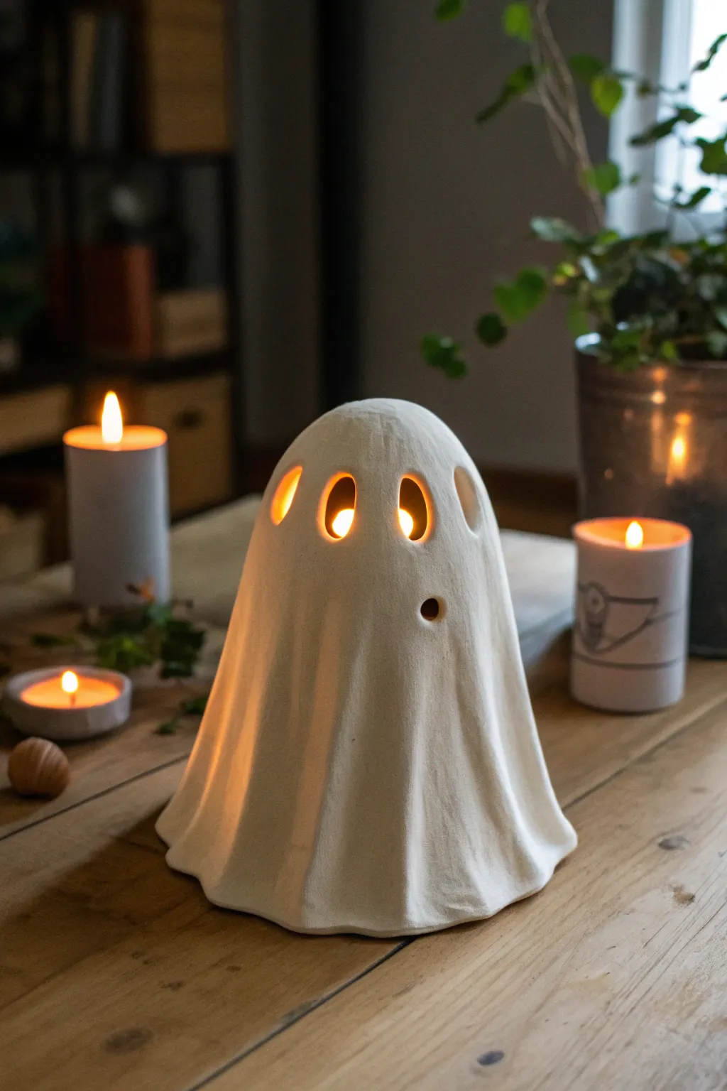 Minimal clay ghost luminary with a warm inner glow, cozy and simple for autumn nights