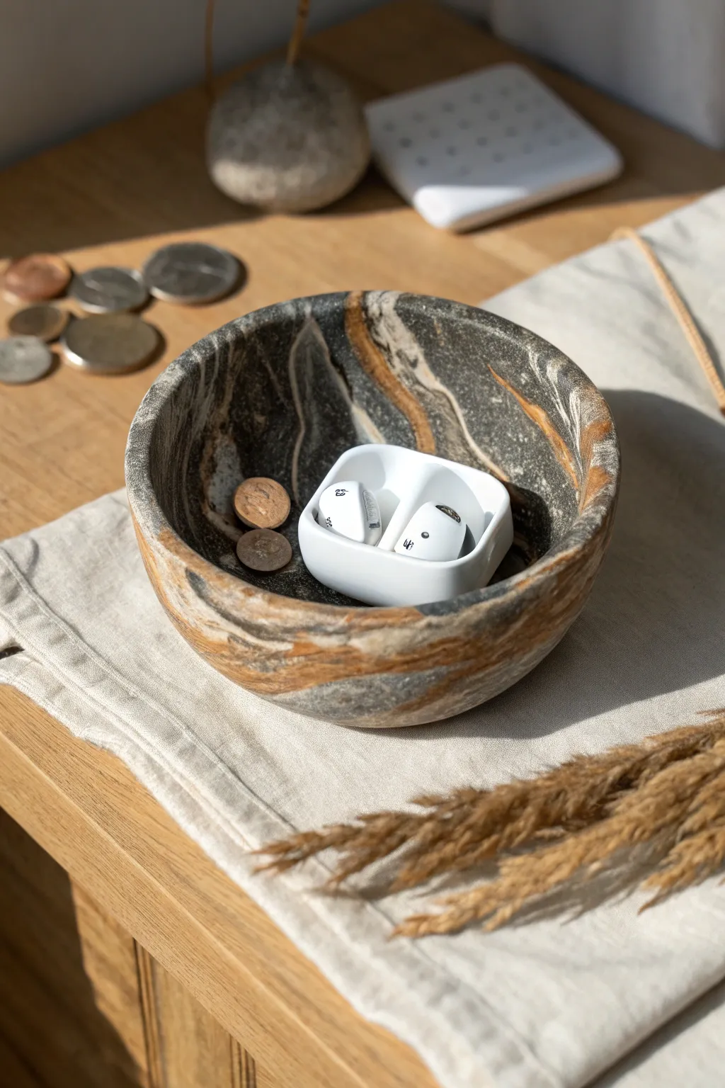 Rugged marbled pocket-dump bowl for his everyday essentials, minimalist style with bold contrast.