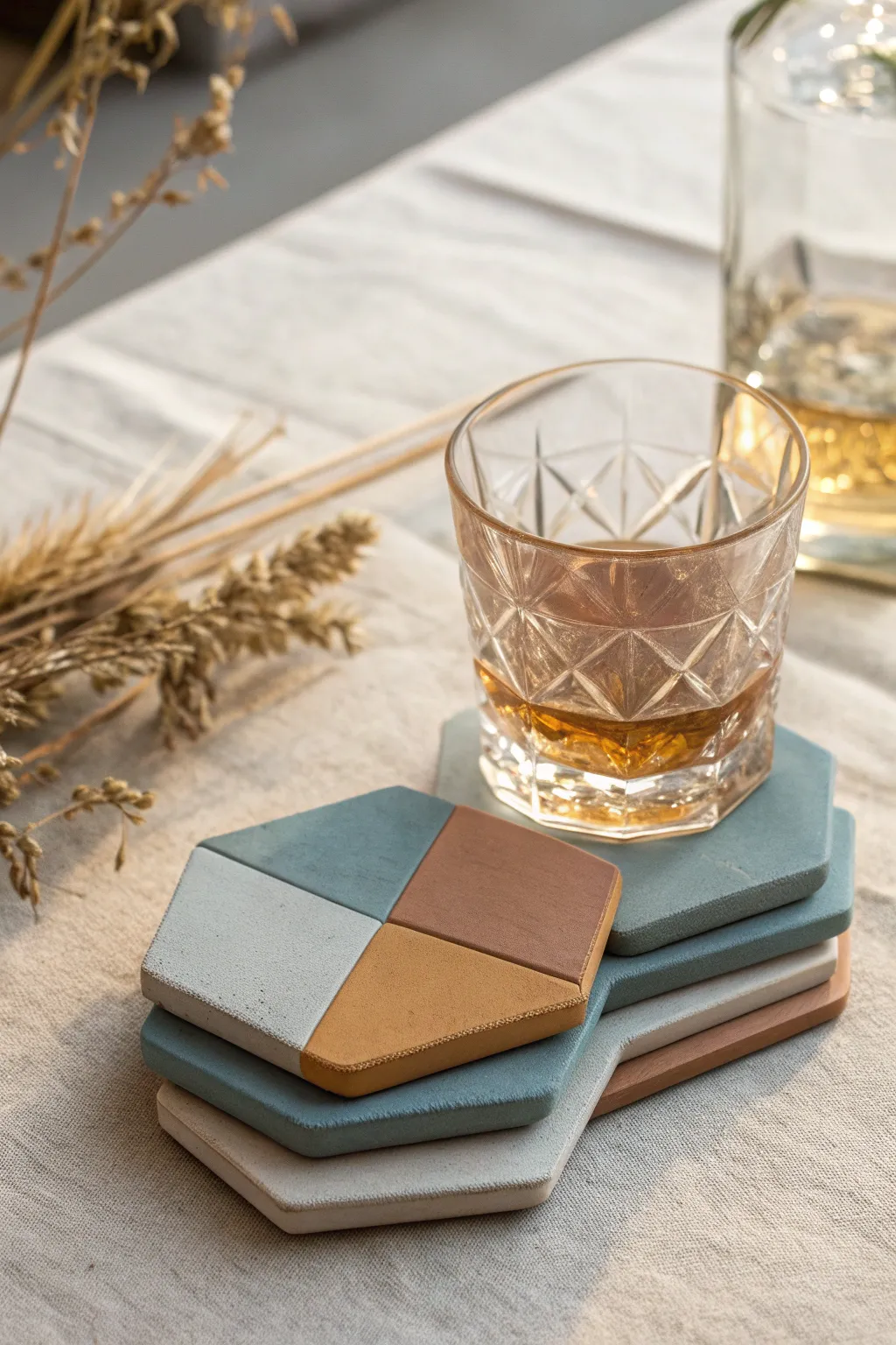Earth tone geometric clay coasters stacked neatly, with one under a glass for scale.