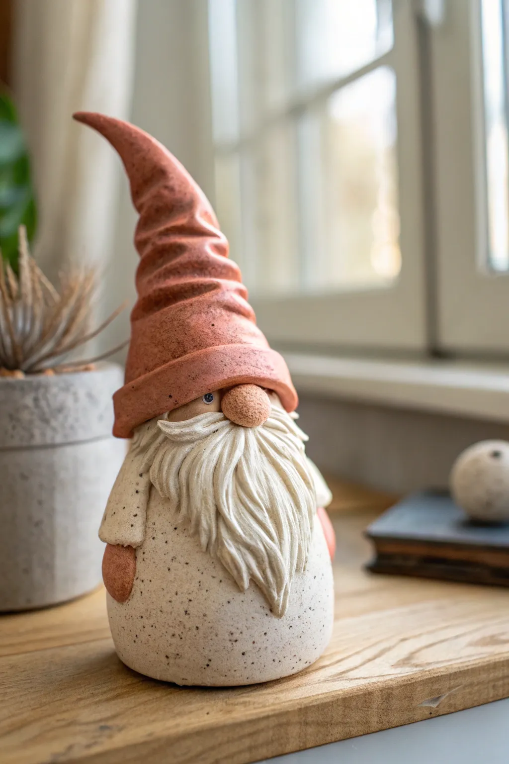 Cozy matte clay gnome with slouchy hat folds and fluffy beard texture, Scandinavian calm.