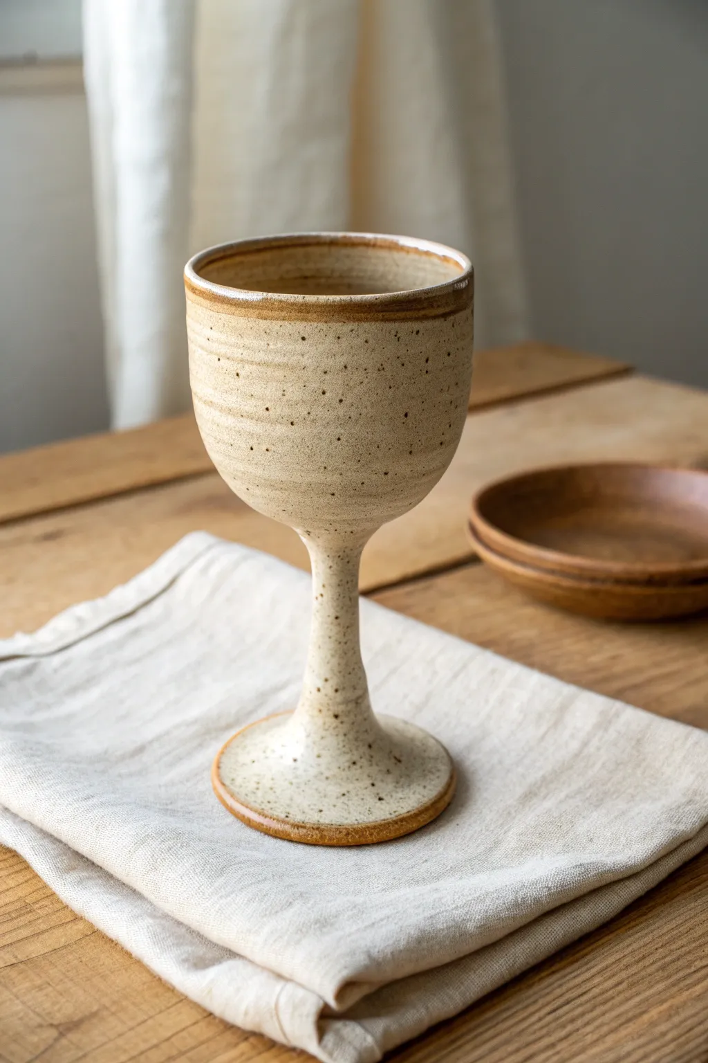 Elegant flared-rim clay goblet with a slim stem, minimalist styling and warm natural tones.