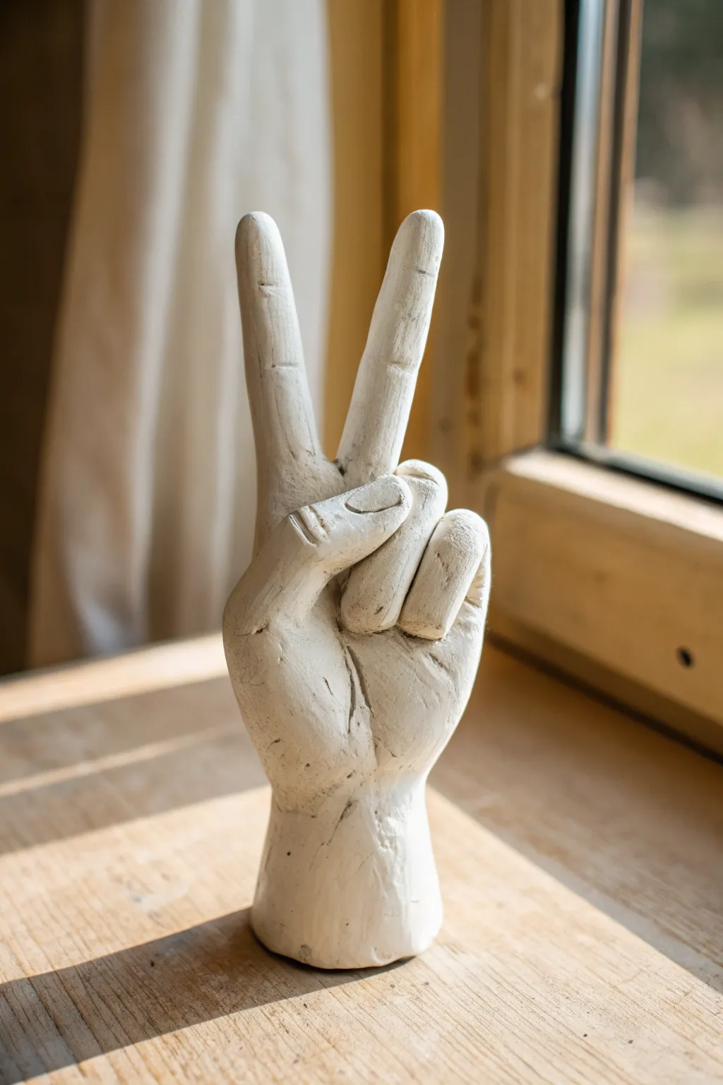 Minimalist clay peace sign hand sculpture in soft matte finish, calm Scandinavian vibes.