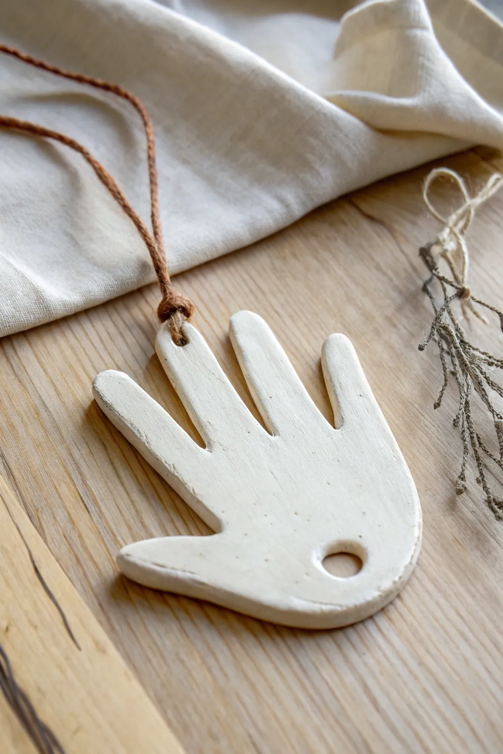 Hand-shaped clay cutout ornament with a simple painted border, minimalist and boho-ready to hang.