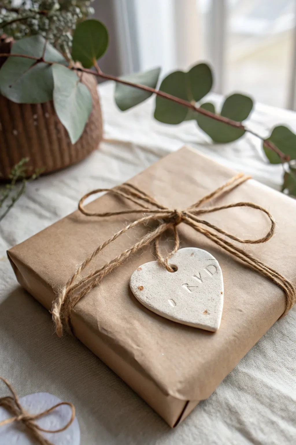 Minimal clay heart gift tag on kraft wrap, tied with twine, soft boho styling and warm contrast.