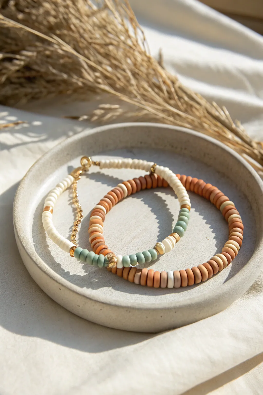 Minimal clay heishi bracelet with easy 5-and-5 stripes, styled on a neutral bead tray