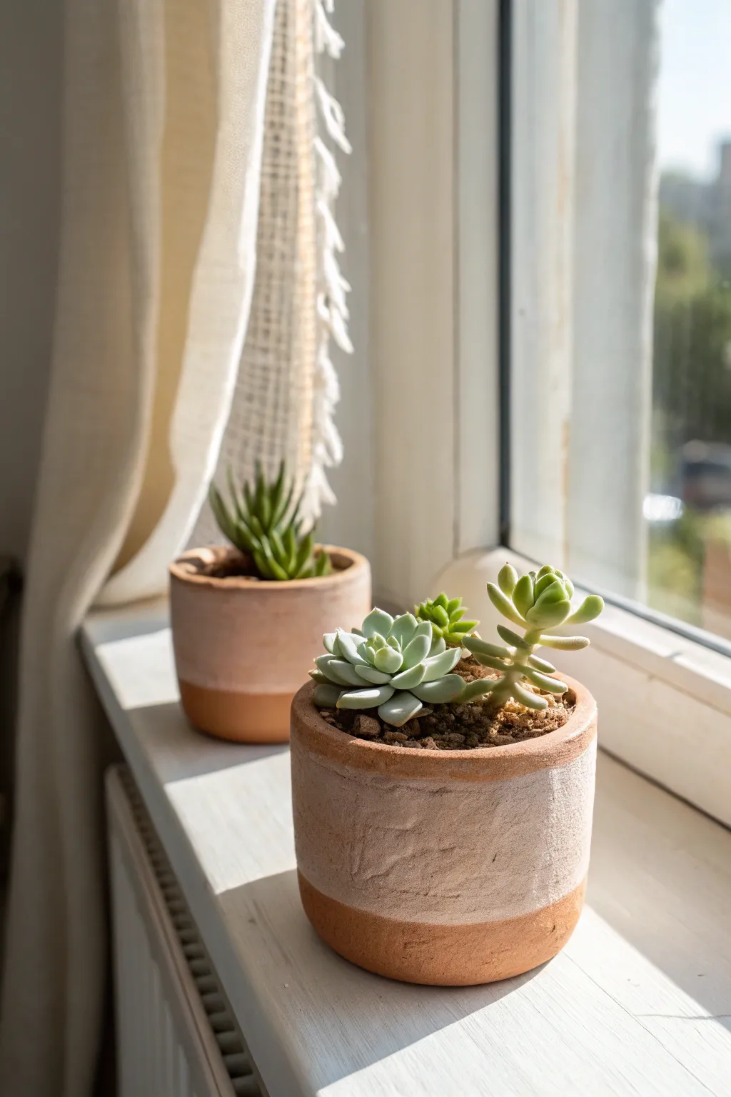 Tiny air-dry clay planters with succulents, styled in warm sunlight for calm minimal decor