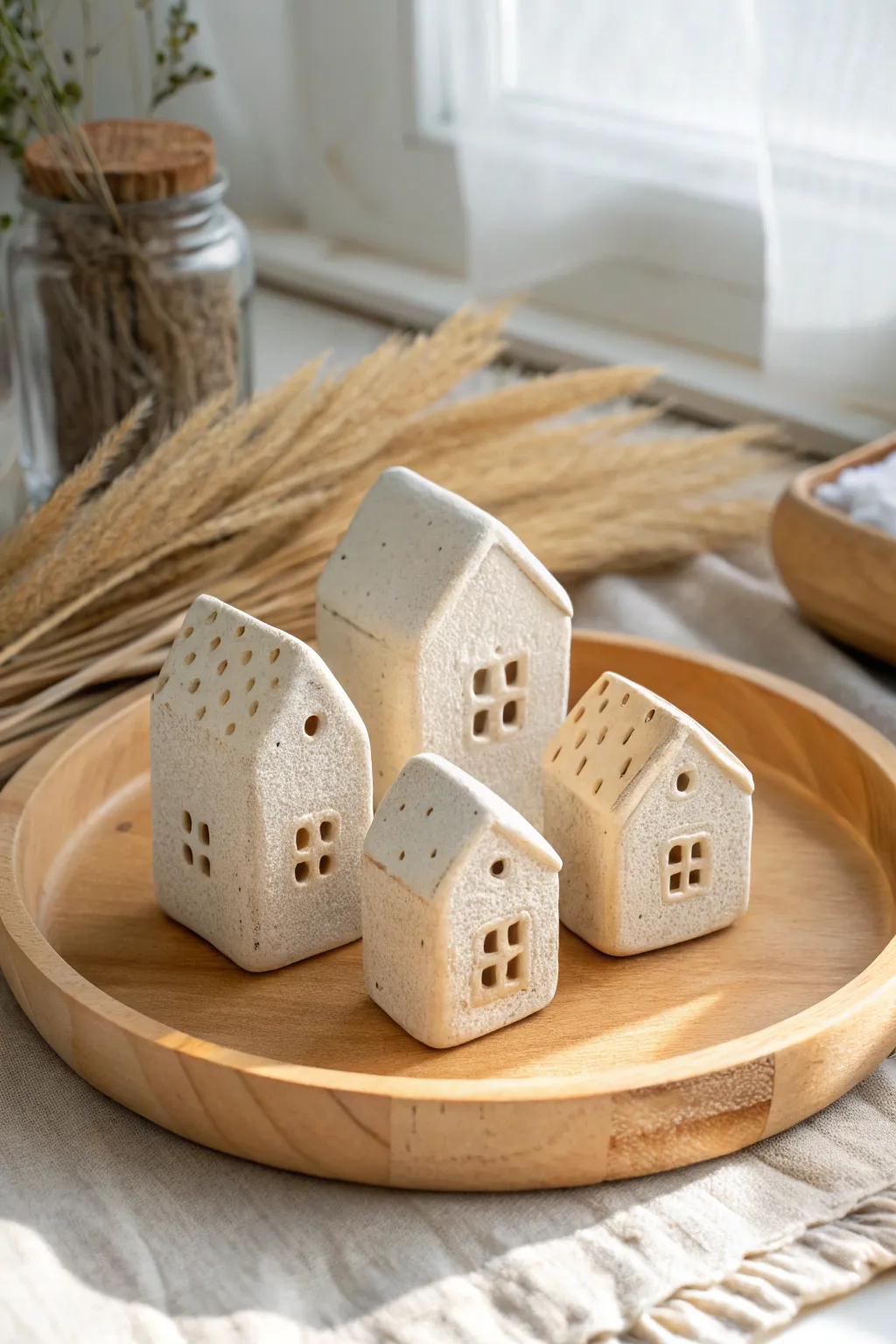 Mini clay house village set in soft neutral tones, minimalist Scandinavian charm with cozy boho warmth