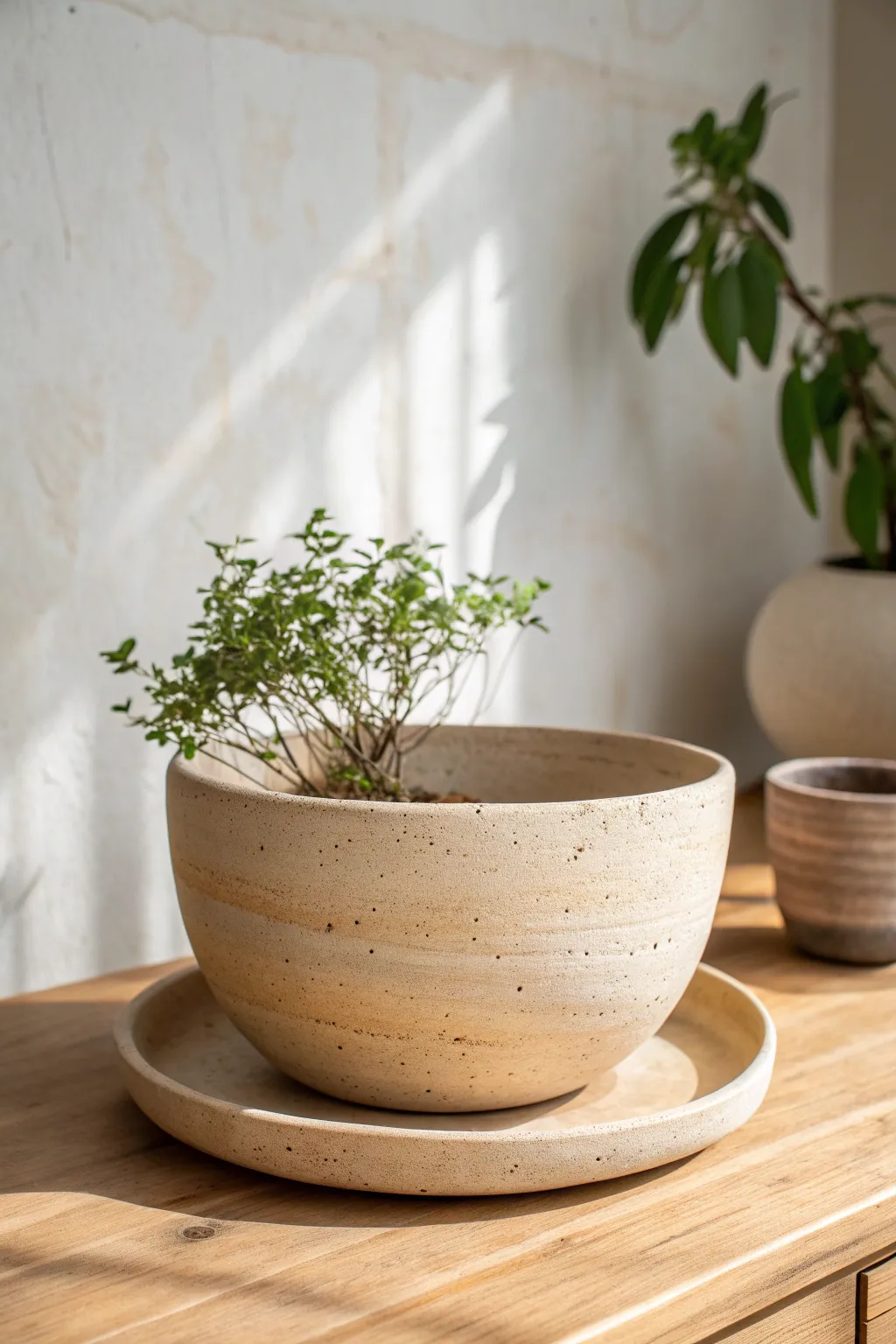 Chunky extra-large planter bowl with saucer, minimal Scandinavian style and warm earthy texture