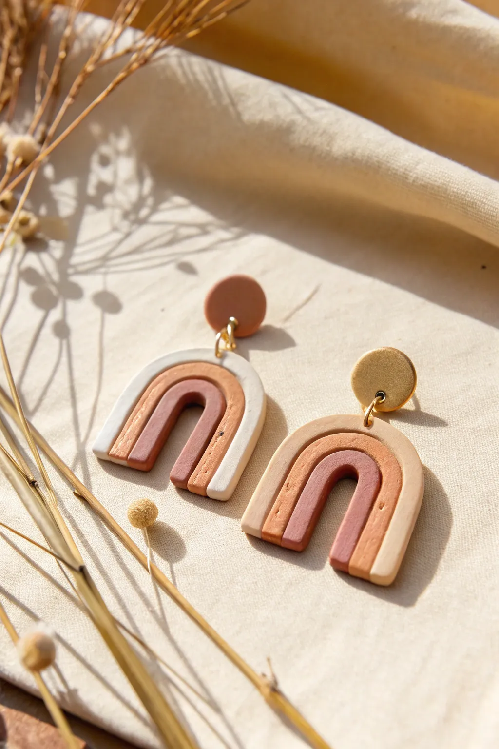 Minimal polymer clay arch earrings in soft earthy tones for an easy, modern handmade look.