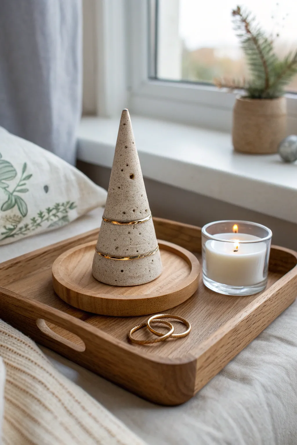 Minimal matte clay ring cone keeps bedside jewelry tidy with calm Scandinavian boho style.