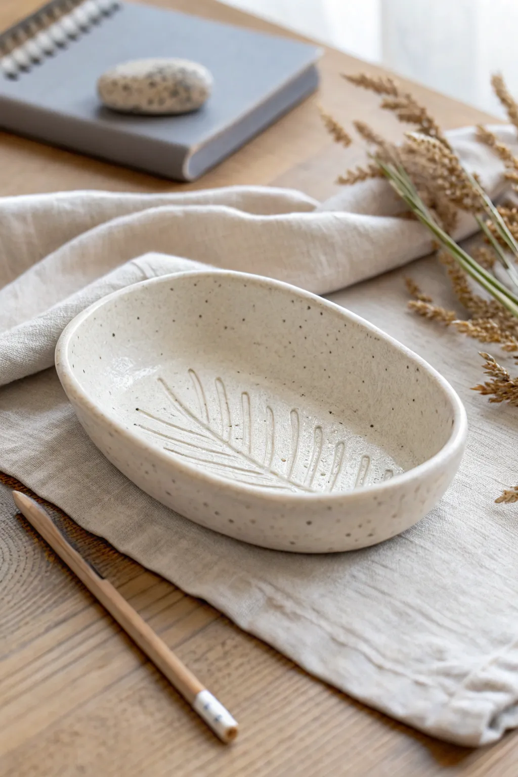Minimal slab-built trinket dish with carved texture, an easy clay idea for art class