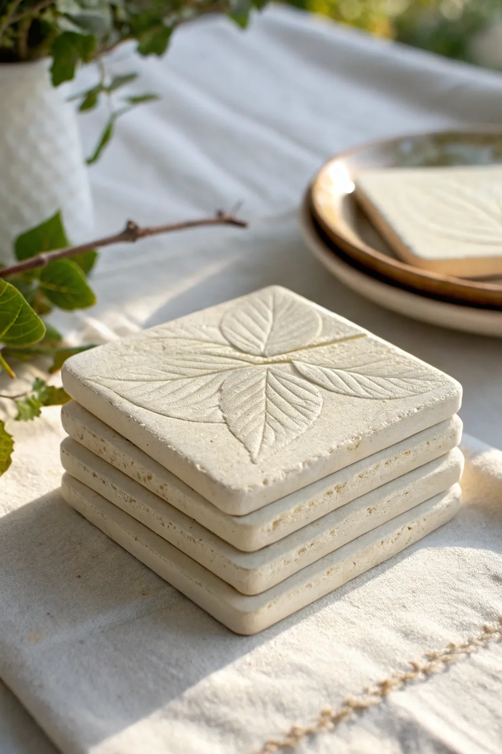 Beginner friendly clay slab coasters with crisp leaf imprints and clean minimalist edges