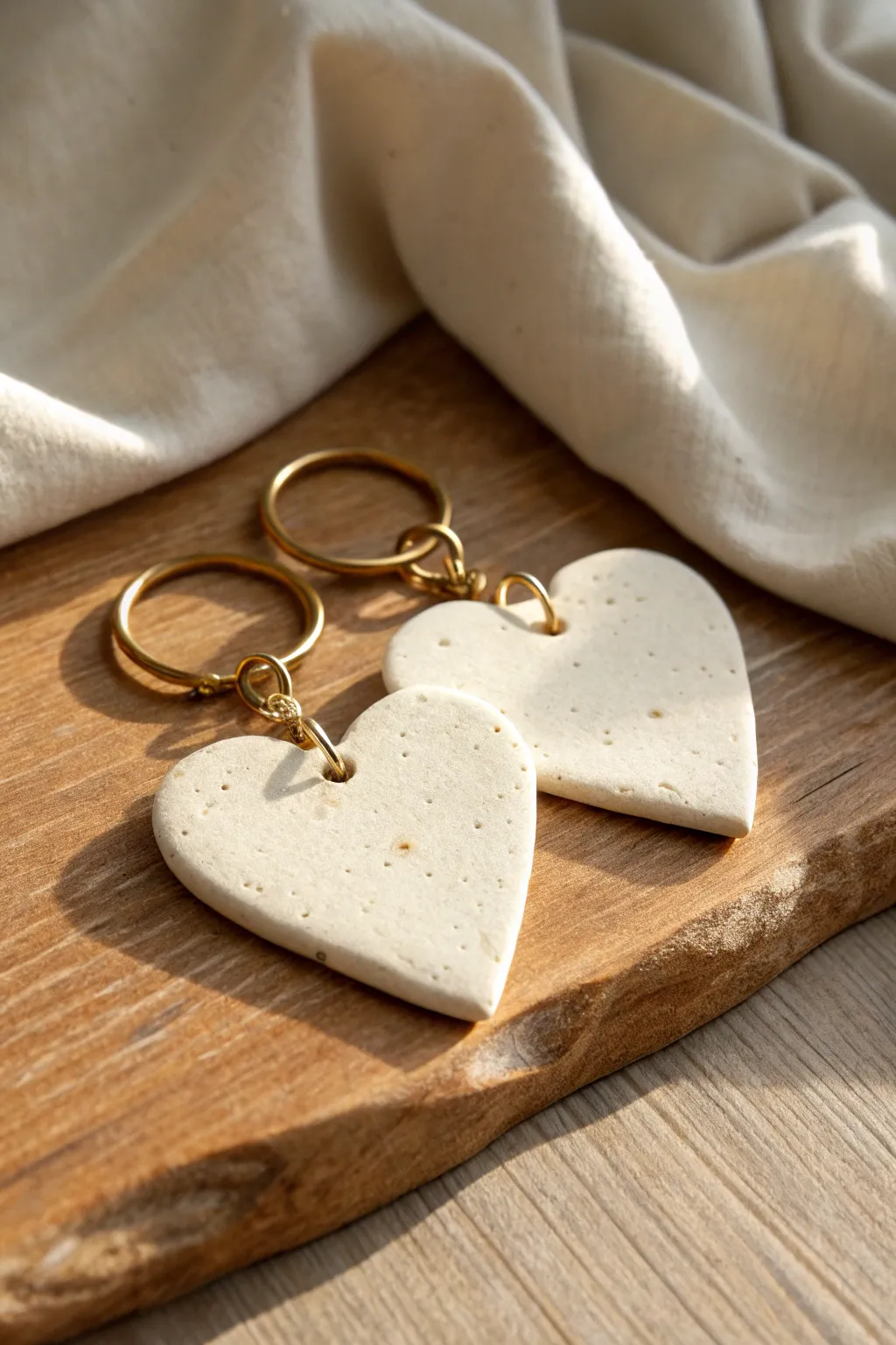 Sweet split-heart clay keychains for you and your boyfriend, minimalist and handmade in warm tones.