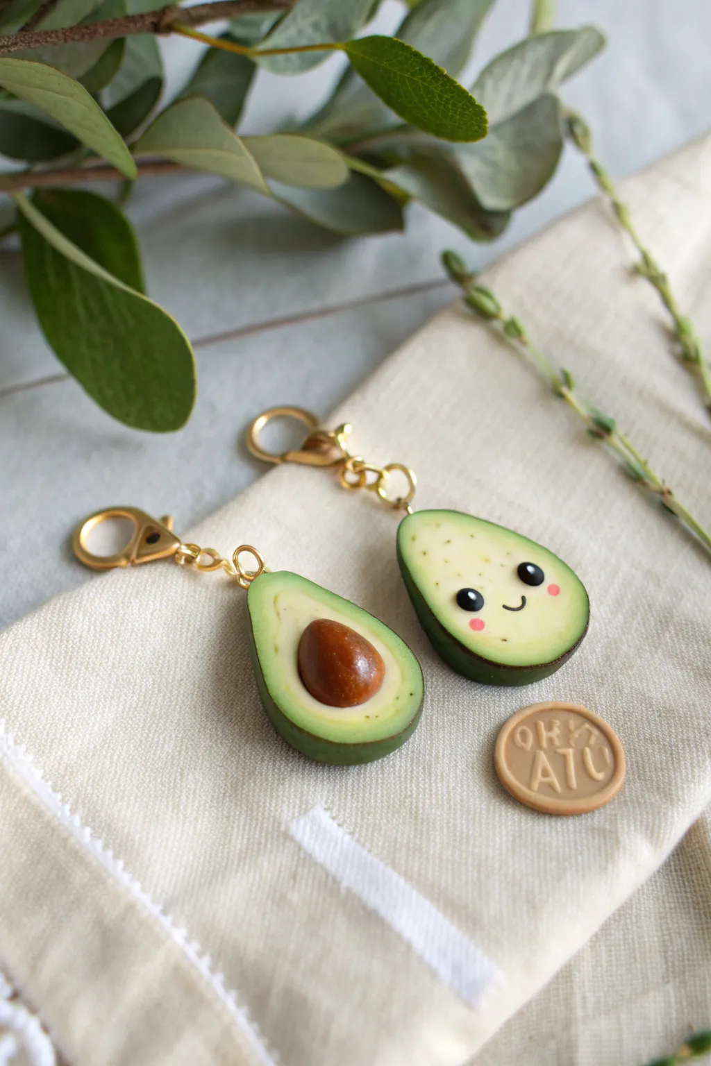 Matching avocado clay keychains, one with a pit and one with a pit hole, sweet and giftable