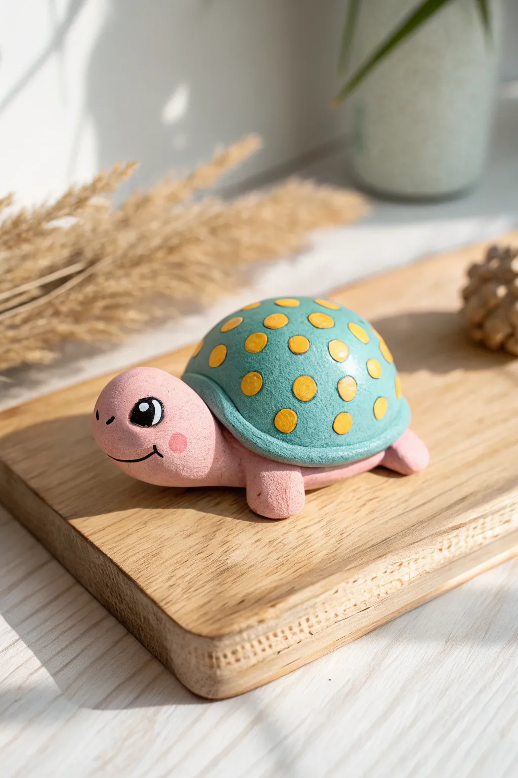 Simple clay turtle from balls and snakes, bold colors and minimal details kids can copy.