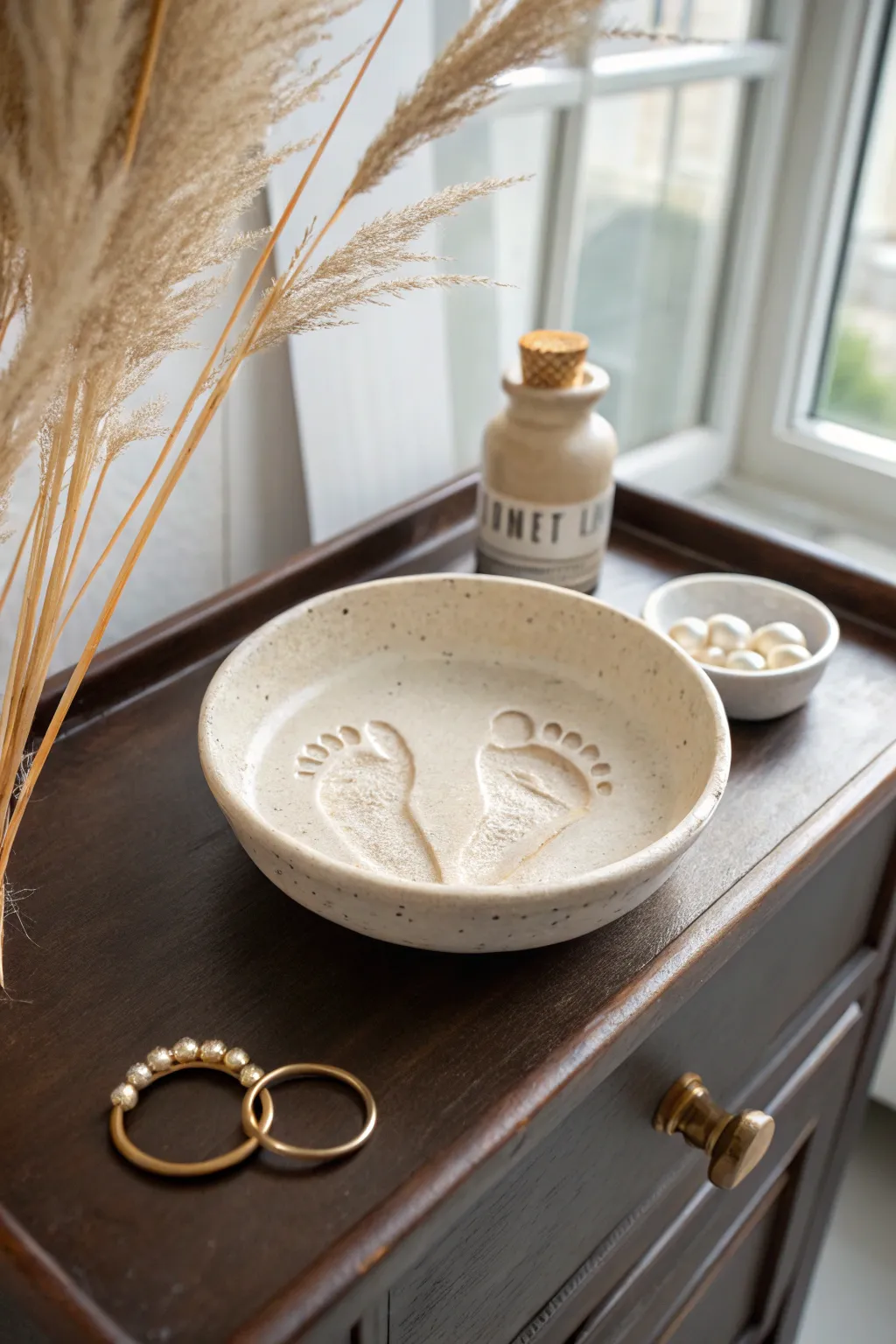 A footprint keepsake bowl that holds her everyday jewelry and a little piece of childhood.