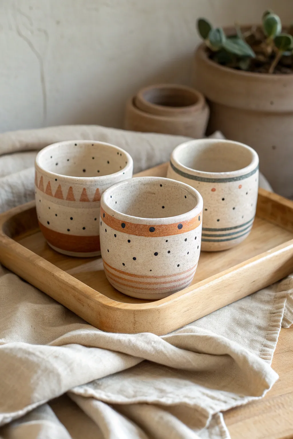 Three toddler-size pinch pots with simple dots and stripes, made for tiny treasures.