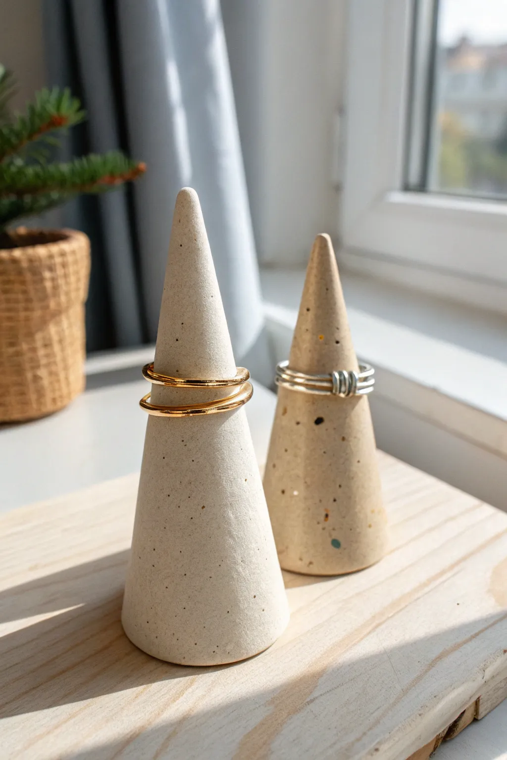 Minimal ring cones in solid and speckled clay, a chic handmade display for jewelry sales.