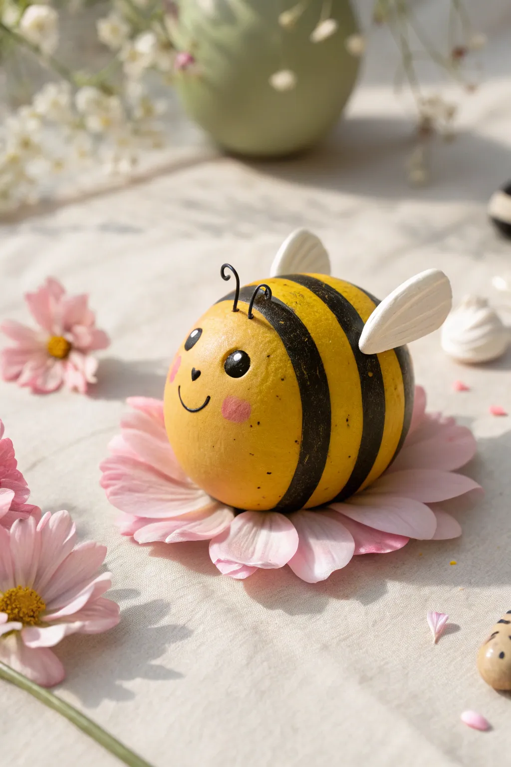 Chubby striped clay bumblebee on a blush petal, minimalist and sweet with cozy contrast.