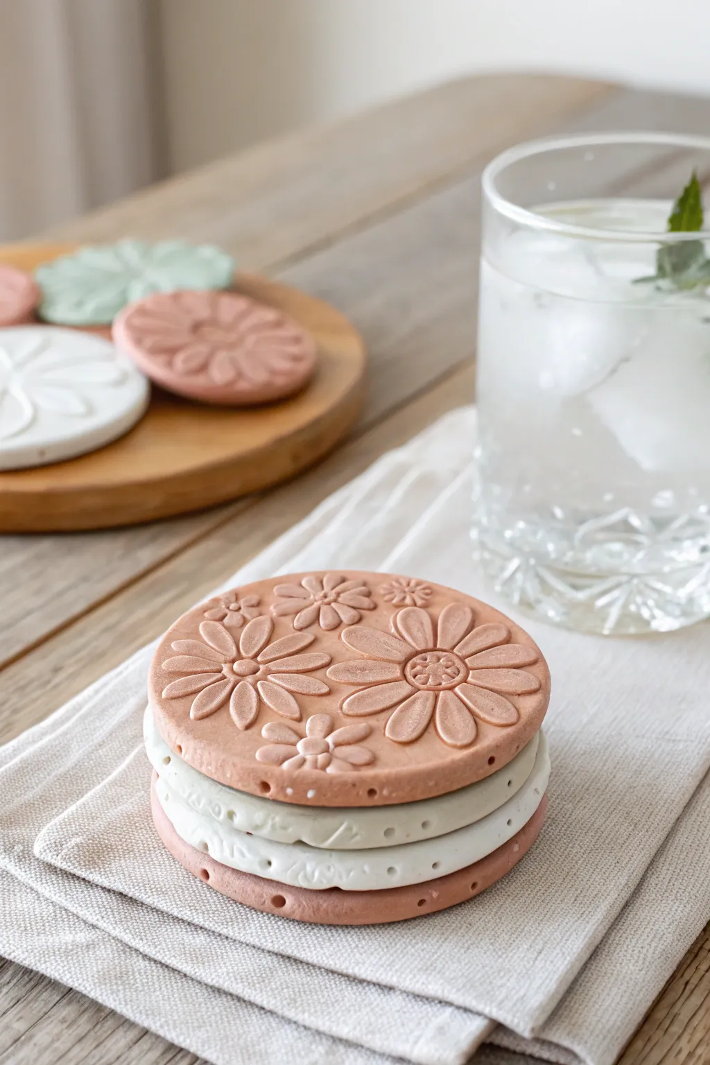 Bright flower and bubble clay coasters stacked by an iced drink, simple DIY batch idea.