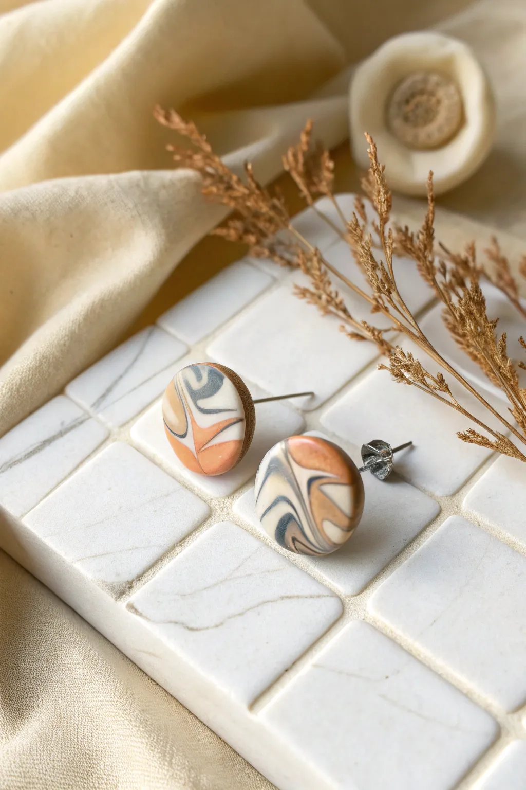 Minimal marbled clay circle studs in soft earthy tones on a clean ceramic tile backdrop