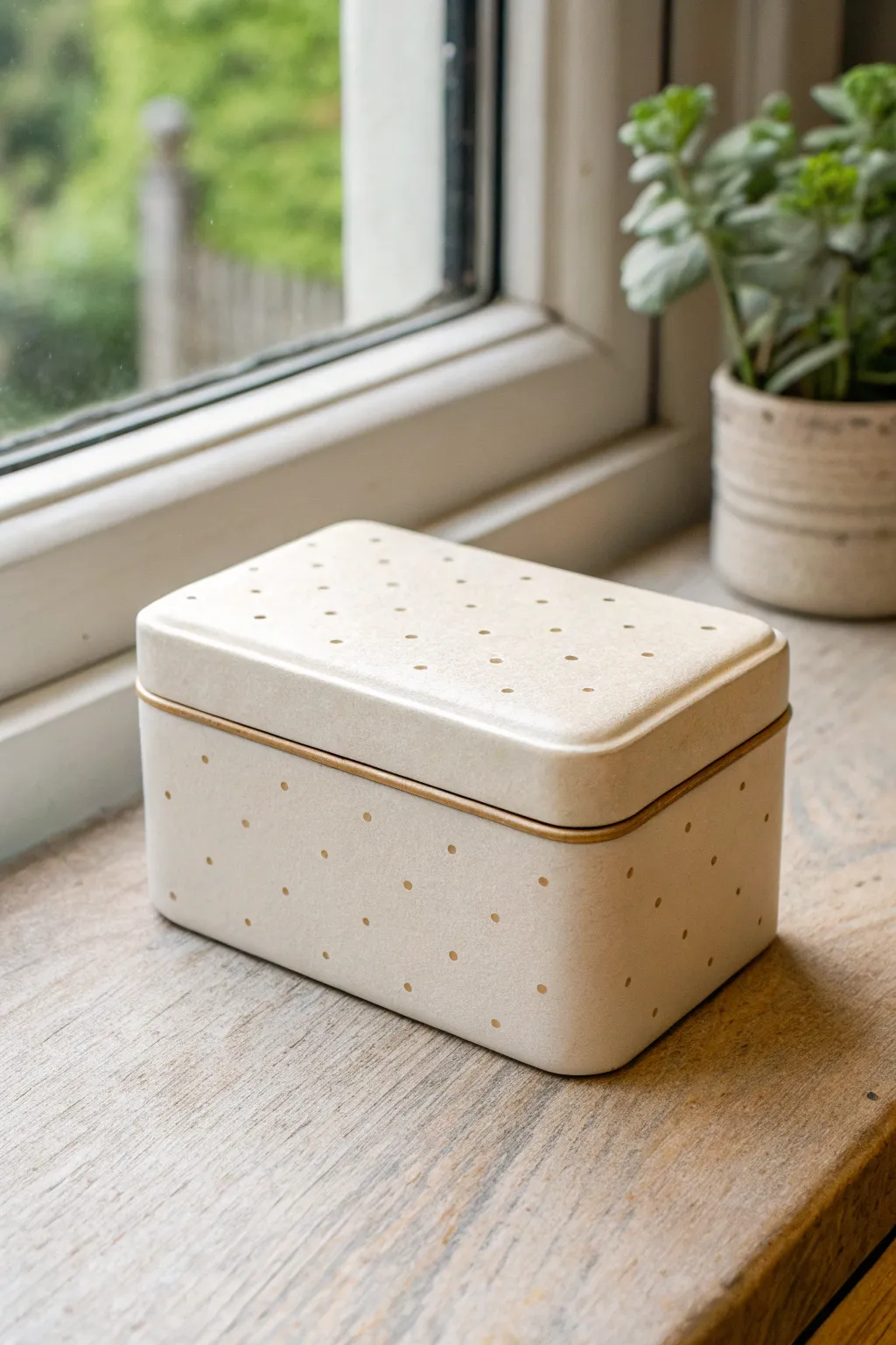 Soft matte clay-covered tin trinket box with dotted lid, a simple chic jewelry box idea