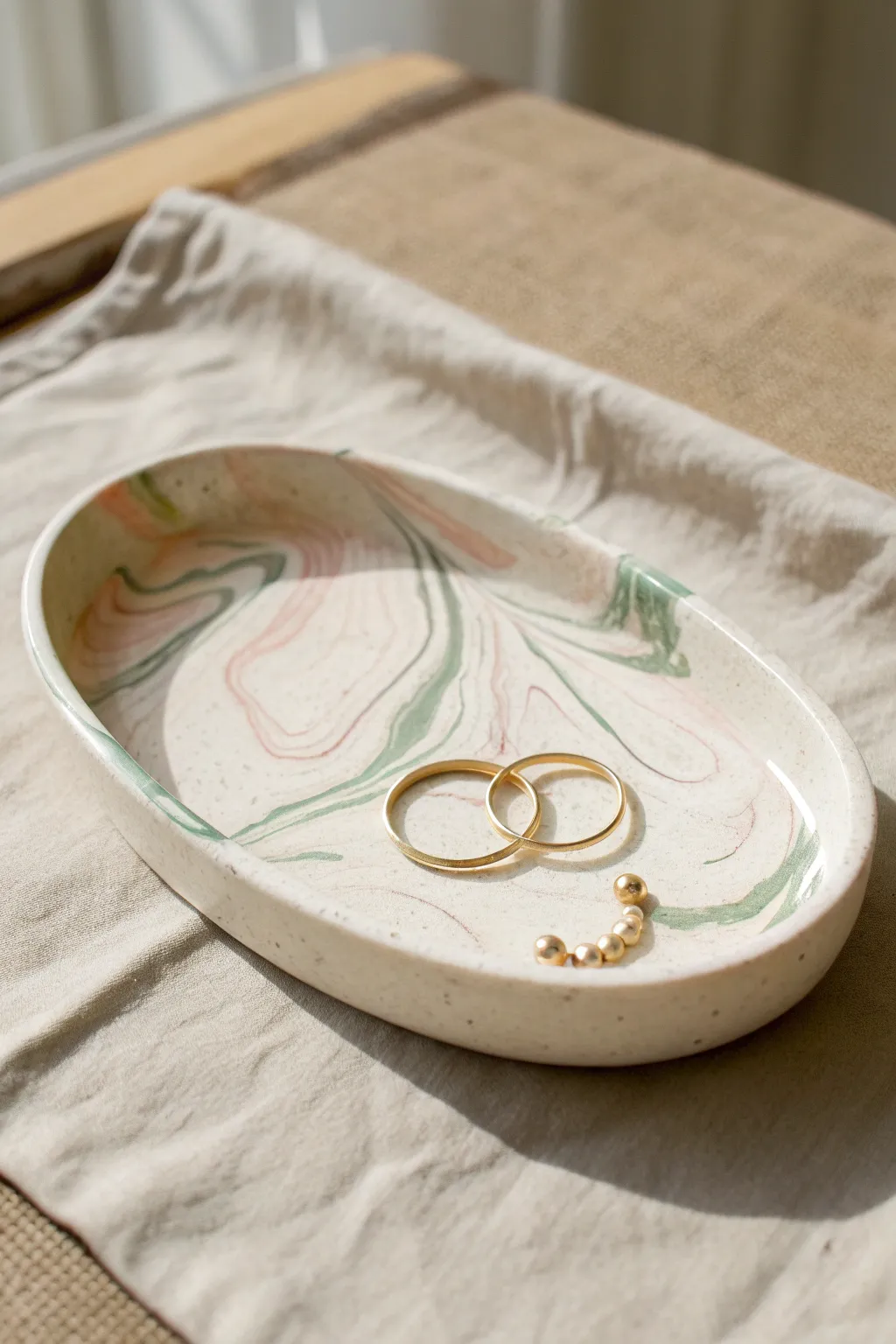 Soft marbled clay jewelry tray in blush, cream, and sage for rings and a bracelet