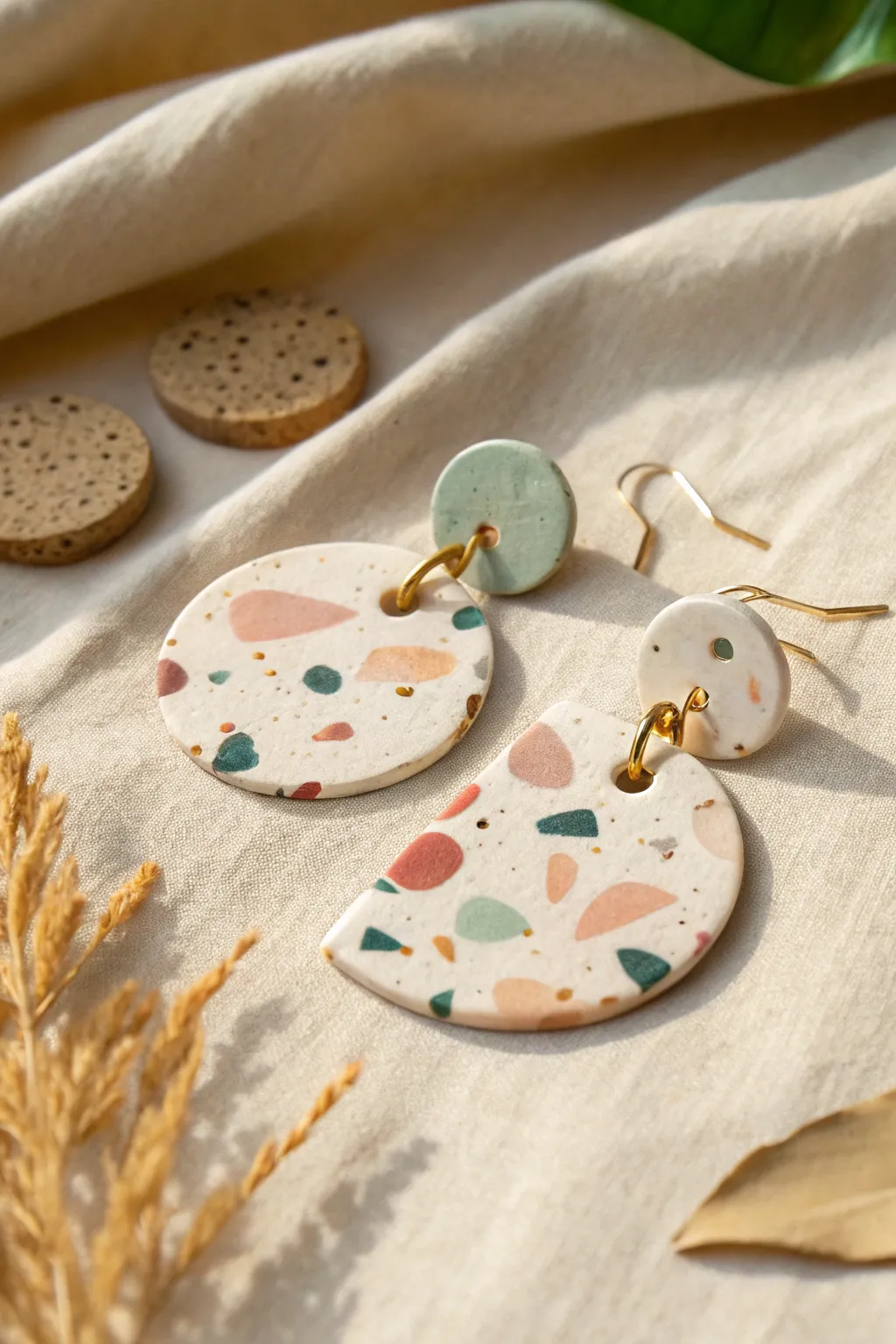 Terrazzo-speckled clay statement earrings on a neutral backdrop, minimal yet playful.