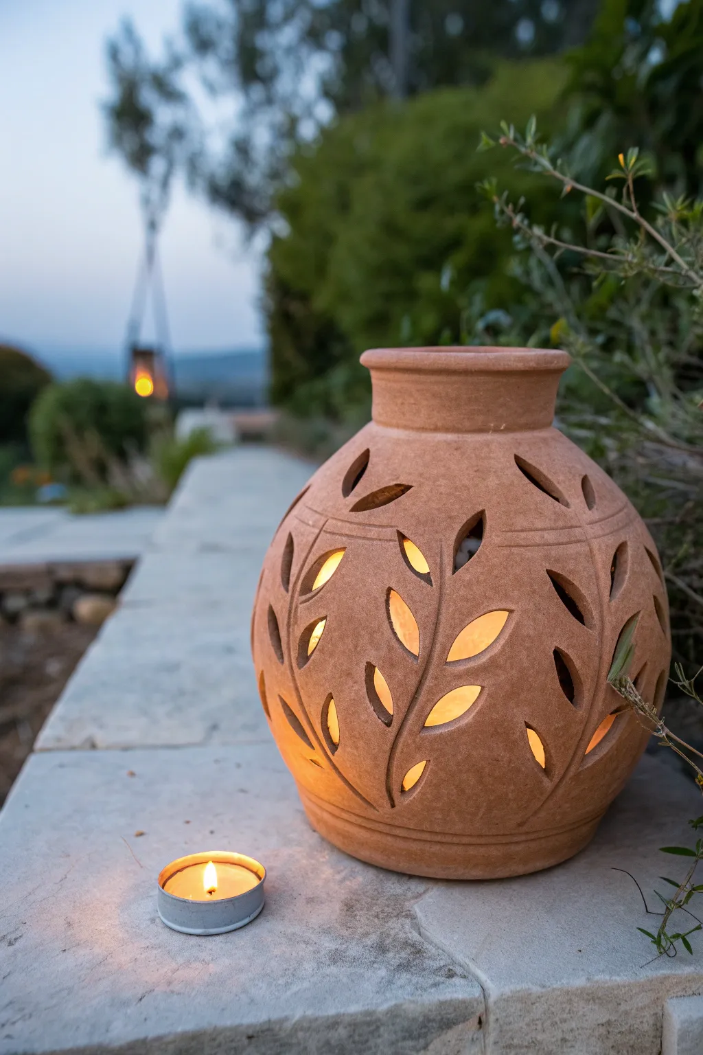 Leaf cutout clay lantern glowing at twilight, rustic terracotta warmth in a calm garden setting