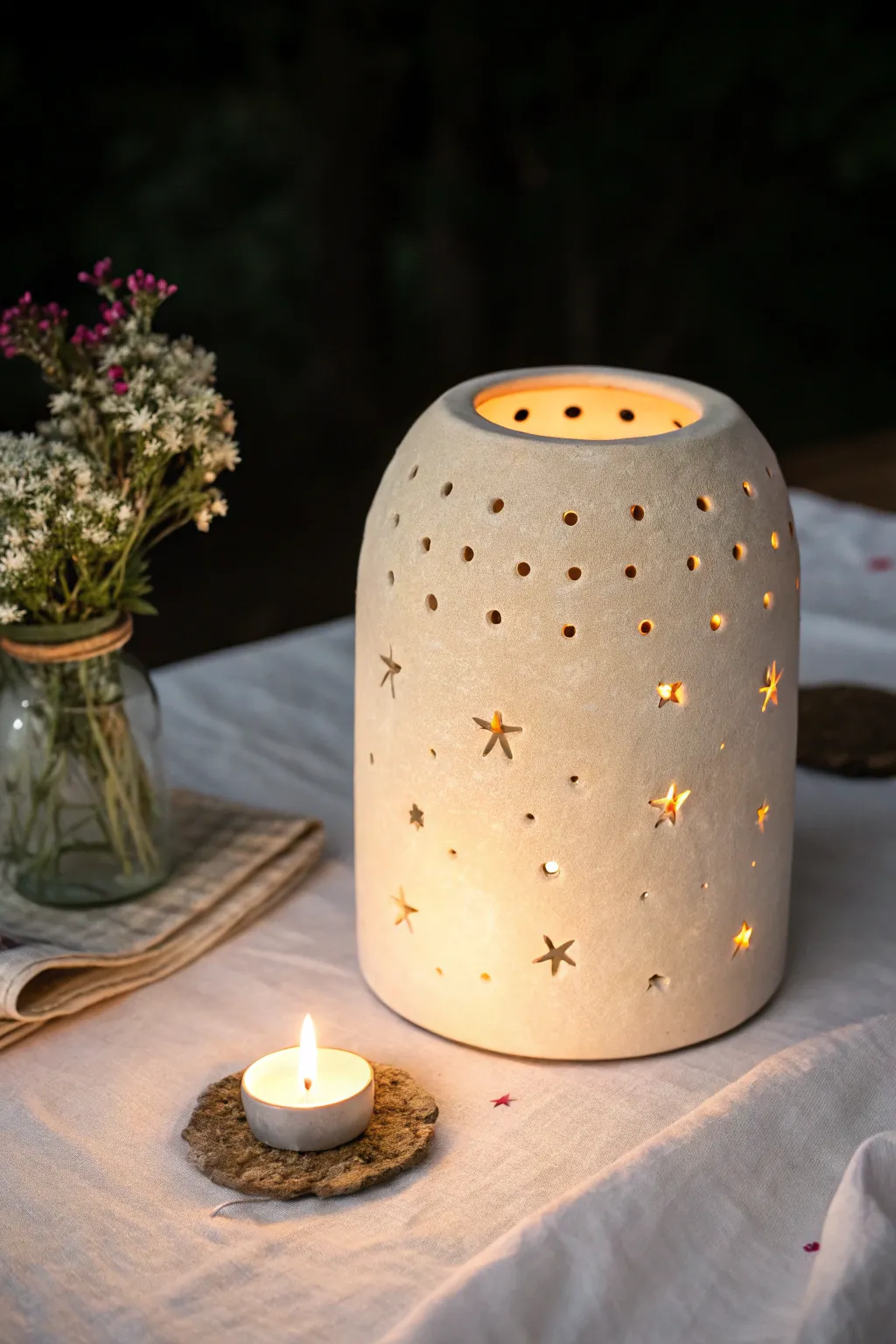 Pierced clay lantern glowing like a starry sky, minimal and cozy with warm speckled light.
