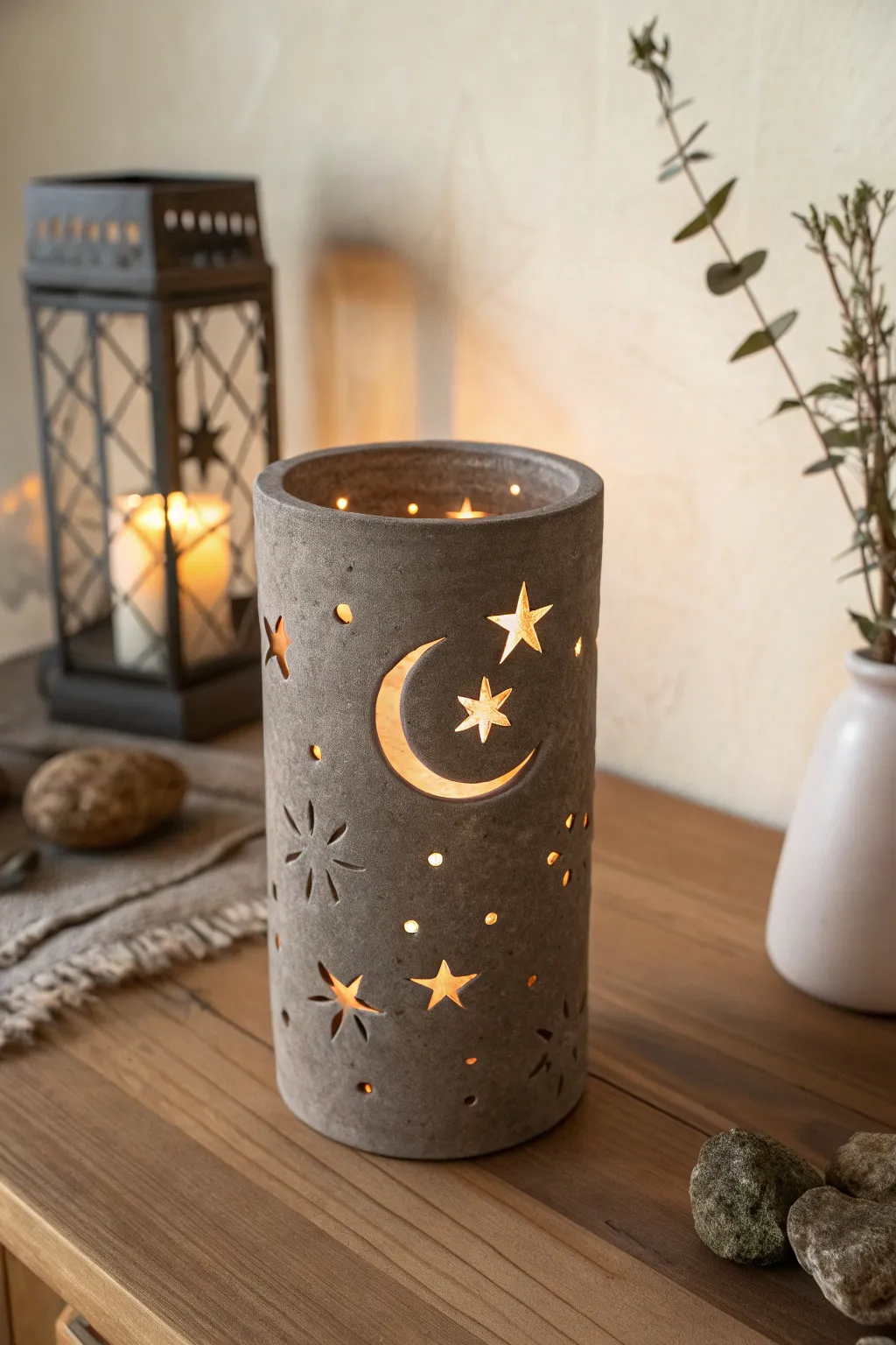 Moon and stars clay luminary casting cozy constellations in warm minimalist night light.