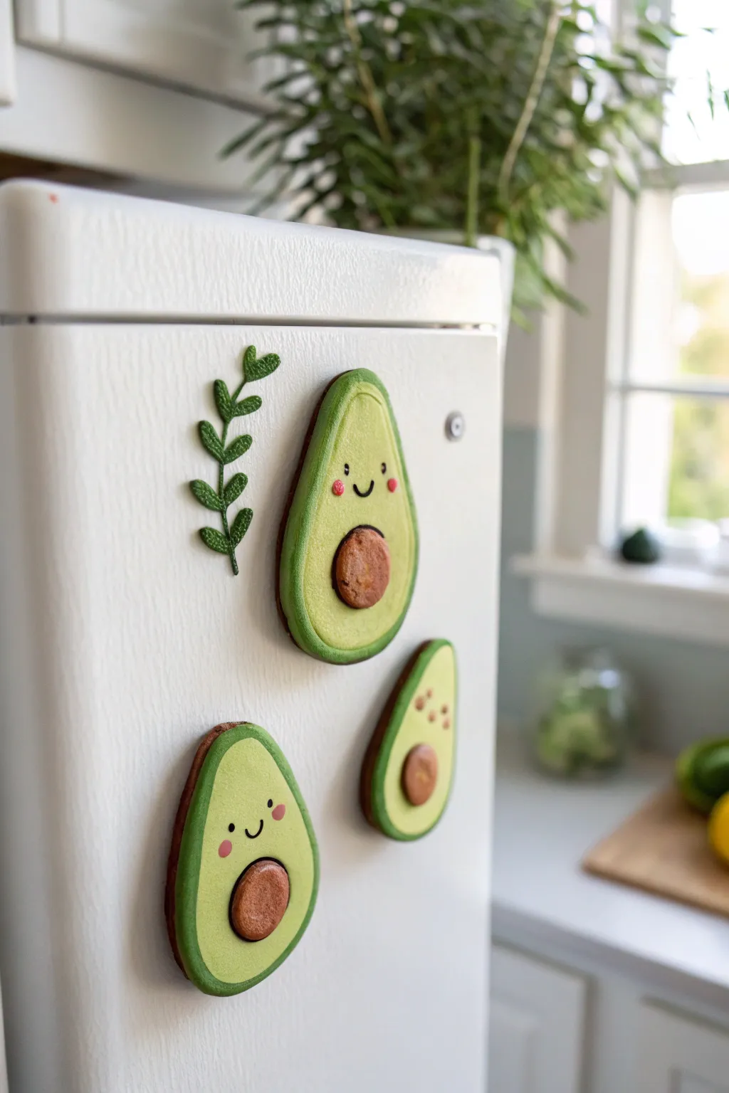 Sweet clay avocado magnets with rosy cheeks, bright greens, and simple smiles for kid crafts